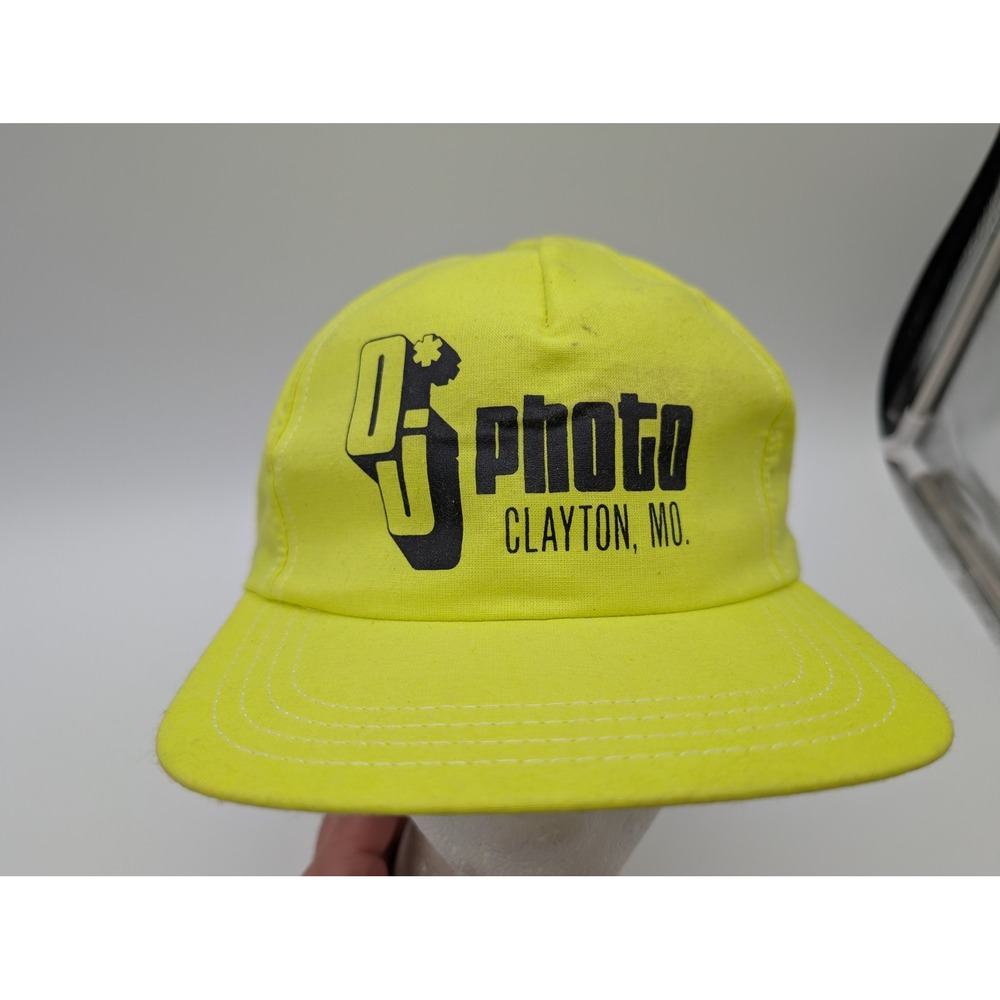 Vintage Leader Mfg Co OJ Photo Clayton MO Snapback Hat Neon Yellow Cap